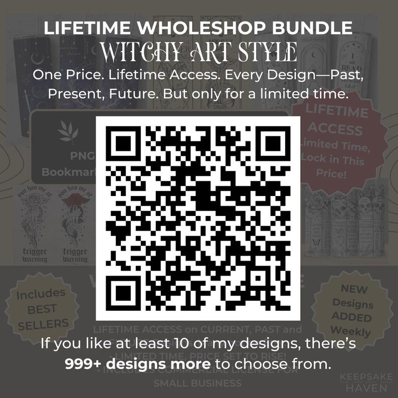 The image is a promotional poster for a Lifetime Wholeshop Bundle that offers witchy art style designs. The poster includes a QR code and a list of designs, along with a call to action to purchase the bundle.