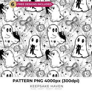 Vintage gruselige Geister schwarze Katzen Muster wiederholen Halloween PNG, Nahtlose Kokette Papierdruck für Scrapbooking, Spinnennetze, digitaler Download