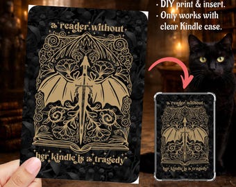 Dark Golden Bookish Romantasy Dragon for Fantasy Girl Kindle Insert Clear Case PNG, Paperwhite, Basic, Colorsoft Printable, Digital Download