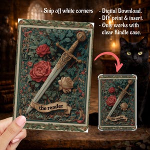 Arazzo da lettura fantasy, ricamo, spada romantica, inserto Kindle, custodia trasparente PNG, Paperwhite, base, Colorsoft stampabile, download digitale