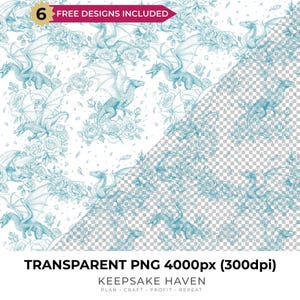 Toile du Jouy Chinoiserie Dragon Roses Seamless Pattern Transparent PNG Printable Paper Print Scrapbooking Wallpaper Fabric Digital Download