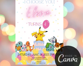 Pokémon, bunter Geburtstag, bearbeitbare Pikachu-Einladungen, digitale Einladungen, Persönlichkeit, digitale Kindertagsparty einladen