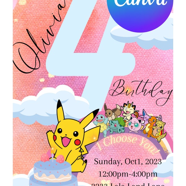 Pokémon Birthday Invite|Editable Birthday Invitation|Lets Celebrate Pokémon|Cute Pokemon| Colorful Pokemon| Girly Pokemon|Pikachu Invitation