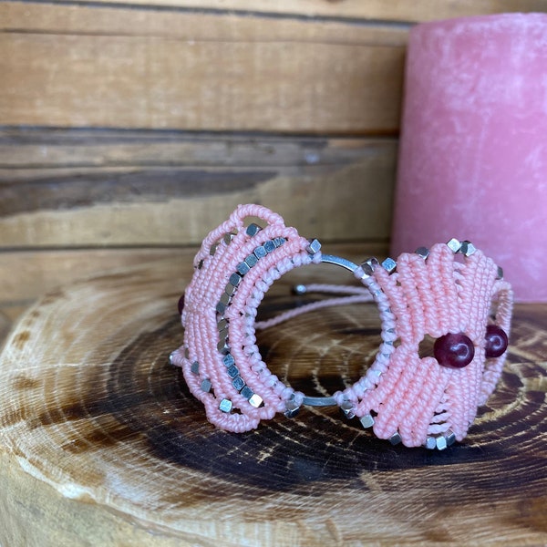 Bracelet Macramé Rose clair, argent avec perle d’agate