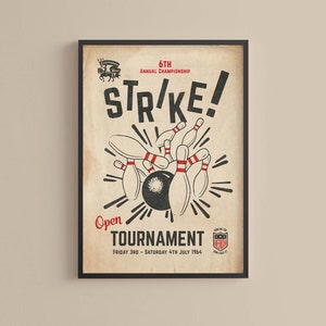 Poster con stampa estetica vintage anni '60 sul bowling, decorazione da parete per sala giochi retrò anni '60, decorazione per ufficio direzionale, regalo per papà giocatore di bowling.