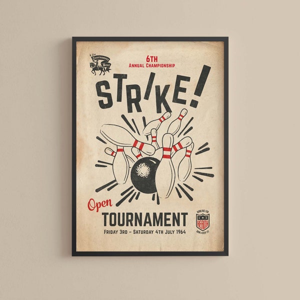 1960s Vintage Aesthetic Bowling Print Mancave Poster, Trendy 60s Retro Games Room Wall Art, Executive Office Bar Room Decor, Dad Bowler Gift