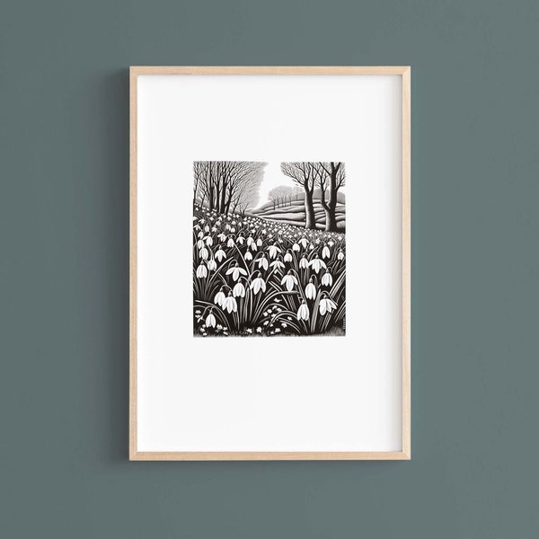 Woodland Snowdrops Wild Flower Print, Woodcut Style A4 Wildflower Print, English Countryside Cottage Core Decor, Nature Lover Gift for Mum