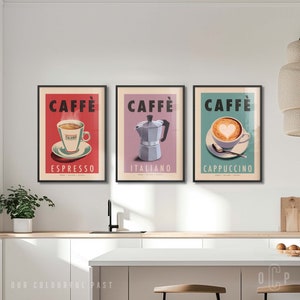 3er-Set Küchenkaffeedrucke, Retro italienische Kaffeeposter, Espresso, Cappuccino, Moka Wandkunst, 3-teiliges gerahmtes Vintage Dekor