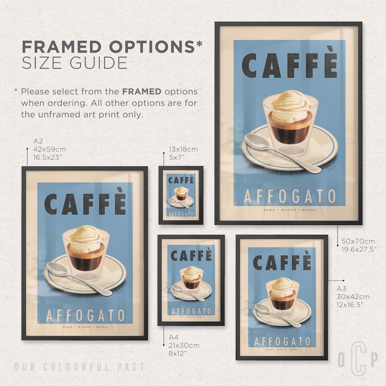 Puede incluir: Impresiones art&iacute;sticas enmarcadas con una ilustraci&oacute;n de estilo vintage de un affogato. Las impresiones muestran la palabra "CAFF&Egrave;" encima de la imagen del affogato. Los tama&ntilde;os var&iacute;an de 13x18 cm a 50x70 cm.