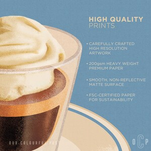 Puede incluir: Primer plano de una bebida de caf&eacute; con una cobertura cremosa en un vaso transparente. La imagen contiene texto que dice "HIGH QUALITY PRINTS" y detalles sobre la calidad de impresi&oacute;n, incluyendo "CAREFULLY CRAFTED HIGH RESOLUTION ARTWORK" y "200gsm HEAVY WEIGHT PREMIUM PAPER".