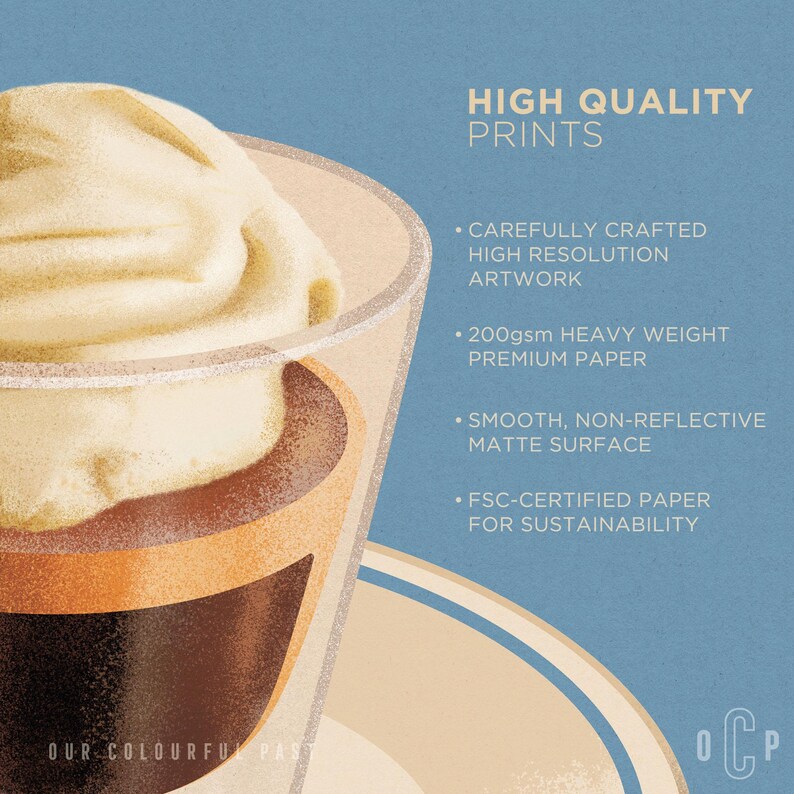 Puede incluir: Primer plano de una bebida de caf&eacute; con una cobertura cremosa en un vaso transparente. La imagen contiene texto que dice "HIGH QUALITY PRINTS" y detalles sobre la calidad de impresi&oacute;n, incluyendo "CAREFULLY CRAFTED HIGH RESOLUTION ARTWORK" y "200gsm HEAVY WEIGHT PREMIUM PAPER".