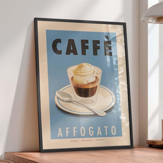 Affogato Italian Coffee Print, Kitchen Wall Art: Vintage Style Cafe Decor, Framed Poster Option