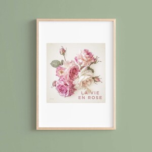 Impresión floral vintage de La Vie en Rose, póster enmarcado de decoración de estilo rústico, rosas rosas, arte de pared con flores victorianas retro.