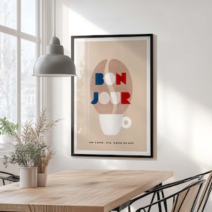 Bonjour französischer Kaffeedruck, Retro Küchenwandkunst, Un Café, S'il Vous Plaît, Plakat im Vintage-Stil, Frankreich-Liebhaber Geschenk, gerahmte Optionen