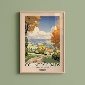 Country Roads Take Me Home, Retro 1930s Style Vintage Travel Poster, Great Outdoors Scenic Countryside Painting, Cottage Core Art Print