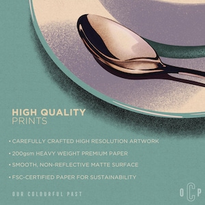 Op de afbeelding: Een print met een turquoise en beige achtergrond met een gestileerde lepel. De tekst "HIGH QUALITY PRINTS" wordt weergegeven, samen met details over het papier en het oppervlak.