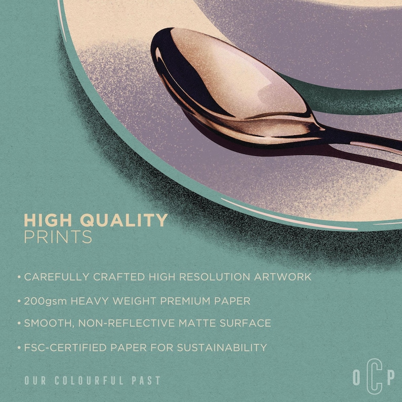Op de afbeelding: Een print met een turquoise en beige achtergrond met een gestileerde lepel. De tekst "HIGH QUALITY PRINTS" wordt weergegeven, samen met details over het papier en het oppervlak.