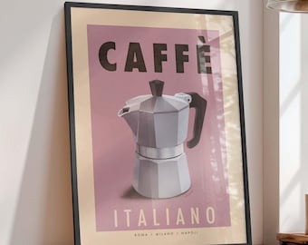 Impresión de cafetera moka, arte de pared retro para cocina: decoración italiana de estilo vintage, opción enmarcada
