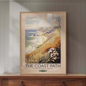 Coastal Path Vintage Style Travel Print: Seaside Wall Art, Beach House Decor, Framed Options