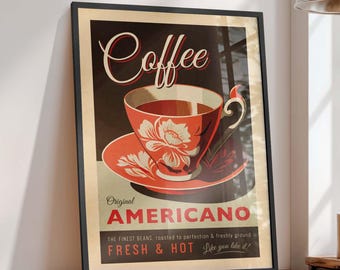 Americano koffieposter vintage stijl, retro keukendecor kunst aan de muur, ingelijste printoptie