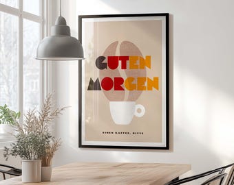 Guten Morgen German Coffee Wall Art, Einen Kaffee Bitte, Retro Vintage Style Kitchen Print, Framed Poster Options, Gift for Coffee Lovers