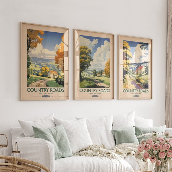 Set of 3 Vintage Travel Posters, Retro Style English Countryside Paintings, Cottage Core Landscape Prints, Rustic Gallery Wall Art