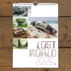 May include: A spiral-bound calendar featuring artistic renderings of futuristic, derelict spacecraft in various landscapes. The calendar's title, "LOST WORLD 2026," is displayed in a stylized font, with a color palette of muted tones.