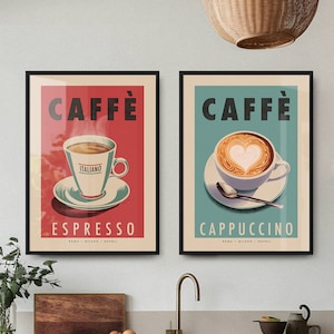 Set of 2 Kitchen Prints, Retro Style Italian Coffee Posters set of two, Coffee Lovers Framed Wall Art Gift, Caffe Espresso, Cafe Cappuccino