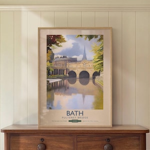 Cartaz de viagem de Bath, Inglaterra – Ponte Pulteney, pôster ferroviário estilo vintage dos anos 1930, arte de parede original em inglês, presente para amante de Jane Austen