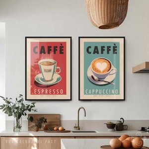 Set of 2 Kitchen Prints, Retro Style Italian Coffee Posters set of two, Coffee Lovers Framed Wall Art Gift, Caffe Espresso, Cafe Cappuccino