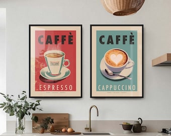 Set van 2 keukenafdrukken: retro Italiaanse koffieposters, espresso en cappuccino, ingelijste optie