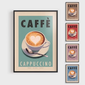 Cappuccino Coffee Print, Kitchen Wall Art, Retro Style Italian Caffe Poster, Framed Coffee Lovers Gift