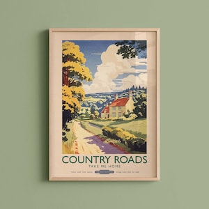 Country Roads English Countryside Print, Gift for Walker, Cottage Core Art, Retro Style Travel Poster
