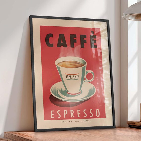 Espresso Coffee Print Retro Wall Art, Vintage Style Italian Kitchen Poster, Framed Option