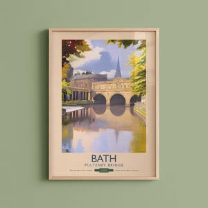 Poster di viaggio di Bath, Inghilterra - Pulteney Bridge, poster ferroviario in stile vintage anni '30, originale opera d'arte murale inglese, regalo per gli amanti di Jane Austen