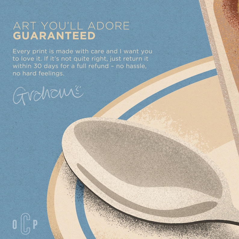 Puede incluir: Una impresi&oacute;n art&iacute;stica de estilo vintage con fondo azul y primer plano de cuchara y plato. El texto "ART YOU'LL ADORE GUARANTEED" est&aacute; en la parte superior, con texto adicional debajo. Tambi&eacute;n es visible la firma del artista "Graham".