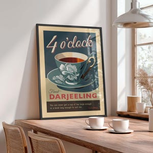 Stampa della cucina del tè Darjeeling delle 4 in punto, poster da parete in stile retrò: il regalo perfetto per gli amanti del tè, opzioni con e senza cornice disponibili