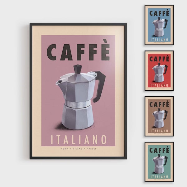Moka Pot Coffee Print Retro Kitchen Wall Art, Vintage Style Italian Coffee Poster, Framed Coffee Art for Kitchen, Vintage Decor Espresso Pot