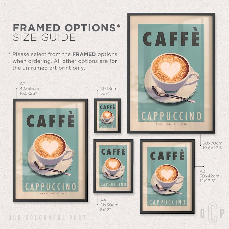 Op de afbeelding: Ingelijste kunstafdrukken met een vintage cappuccino-ontwerp. De prints tonen een koffiekopje met hartvormige latte art, het woord "CAFF&Egrave;" en het woord "CAPPUCCINO". Verkrijgbaar in verschillende formaten, waaronder 42x59cm en 50x70cm.