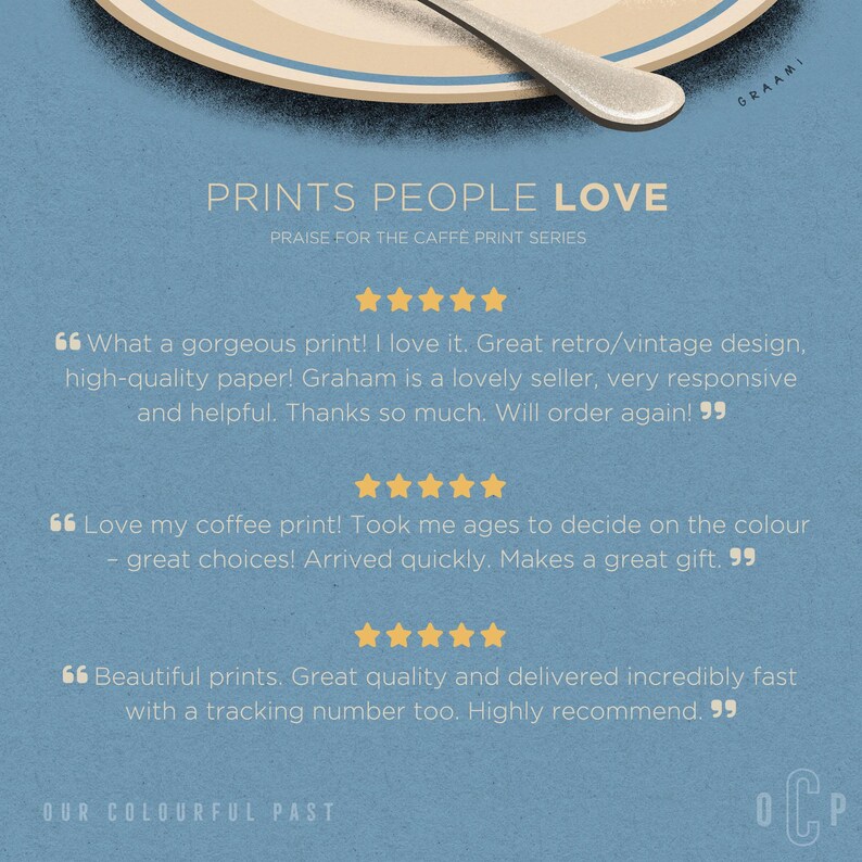 Puede incluir: Un p&oacute;ster azul con el texto "PRINTS PEOPLE LOVE" y rese&ntilde;as de clientes. La parte superior del p&oacute;ster presenta un plato y una cuchara. La parte inferior del p&oacute;ster tiene el texto "OUR COLOURFUL PAST" y las letras "OCP".