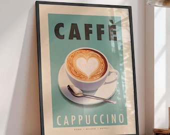 Cappuccino-afdruk, keukenmuurkunst: vintage Italiaanse caféposter, ingelijste optie