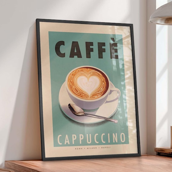 Cappuccino Coffee Print, Kitchen Wall Art: Vintage Style Italian Cafe Poster, Framed Option