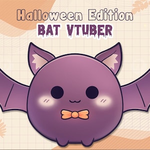May include: A cartoon illustration of a purple bat with large eyes, a bow tie, and wings. The text "Halloween Edition BAT VTUBER" is displayed above the bat in a stylized font, set against a grid background.