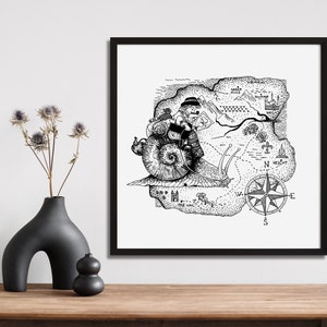 Dessins graphiques en noir et blanc faits à la main. Affiche à imprimer. Carte féerique. Le héros de conte de fées voyage sur un escargot. Illustration au format carré.