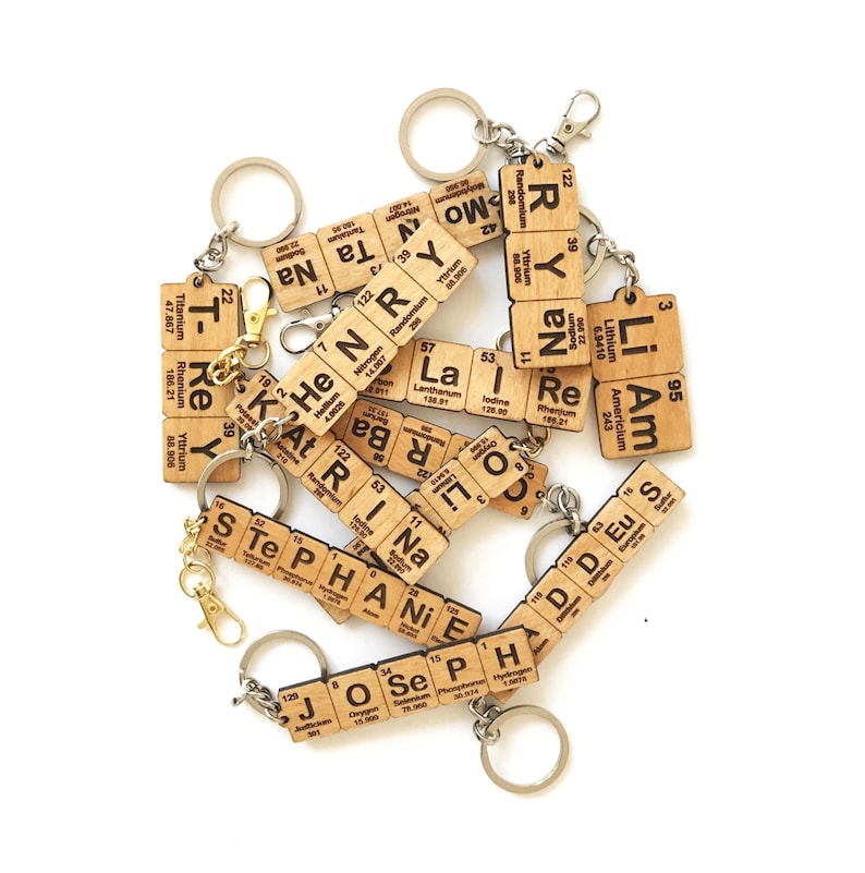 Personalized keychain using periodic table elements made of beech plywood.