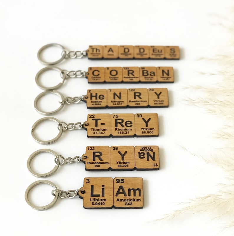 Personalized keychain using periodic table elements made of beech plywood.
