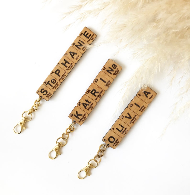 Personalized keychain using periodic table elements made of beech plywood.