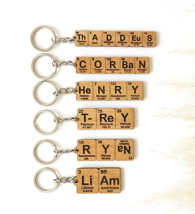 Personalized keychain using periodic table elements made of beech plywood.