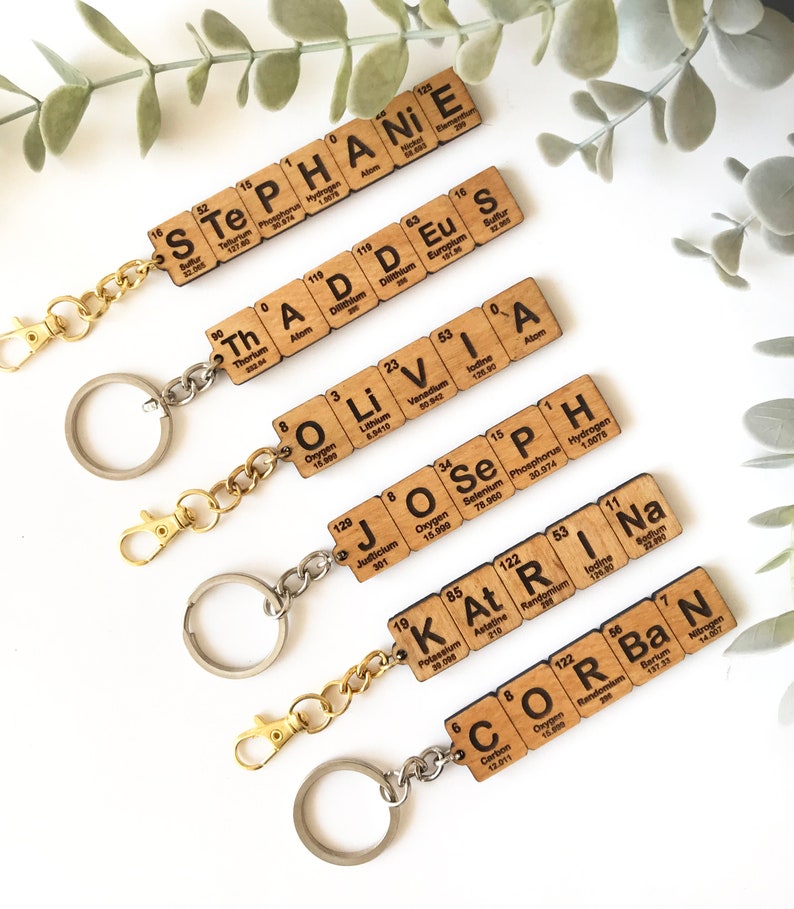 Personalized keychain using periodic table elements made of beech plywood.
