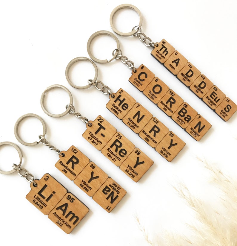 Personalized keychain using periodic table elements made of beech plywood.